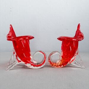 Set of 2 VTG Murano Sommerso Jack in Pulpit Cornucopia Red Clear Vase Japan 8"